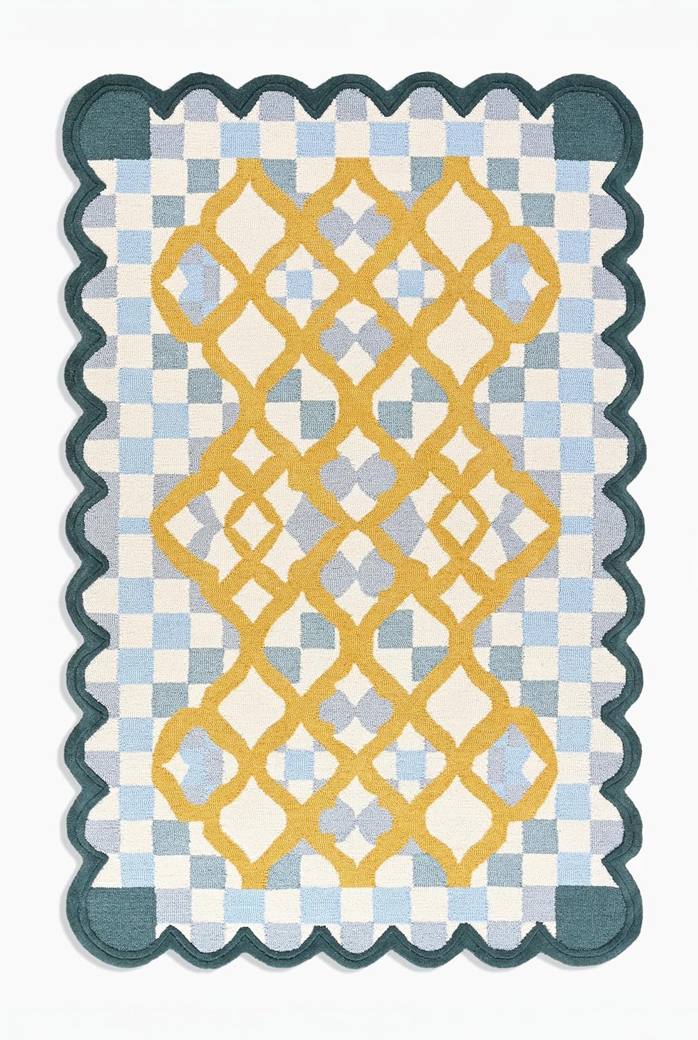 Hand-Tufted Wool Rug with Scalloped Edges | Checkered Light Blue Plaid Pattern Yellow Motif | Cozy Soft Area Rugs Carpet for Living Room, Bedroom, Nursery (Light Blue, Mustard Yellow, 5' x 8')