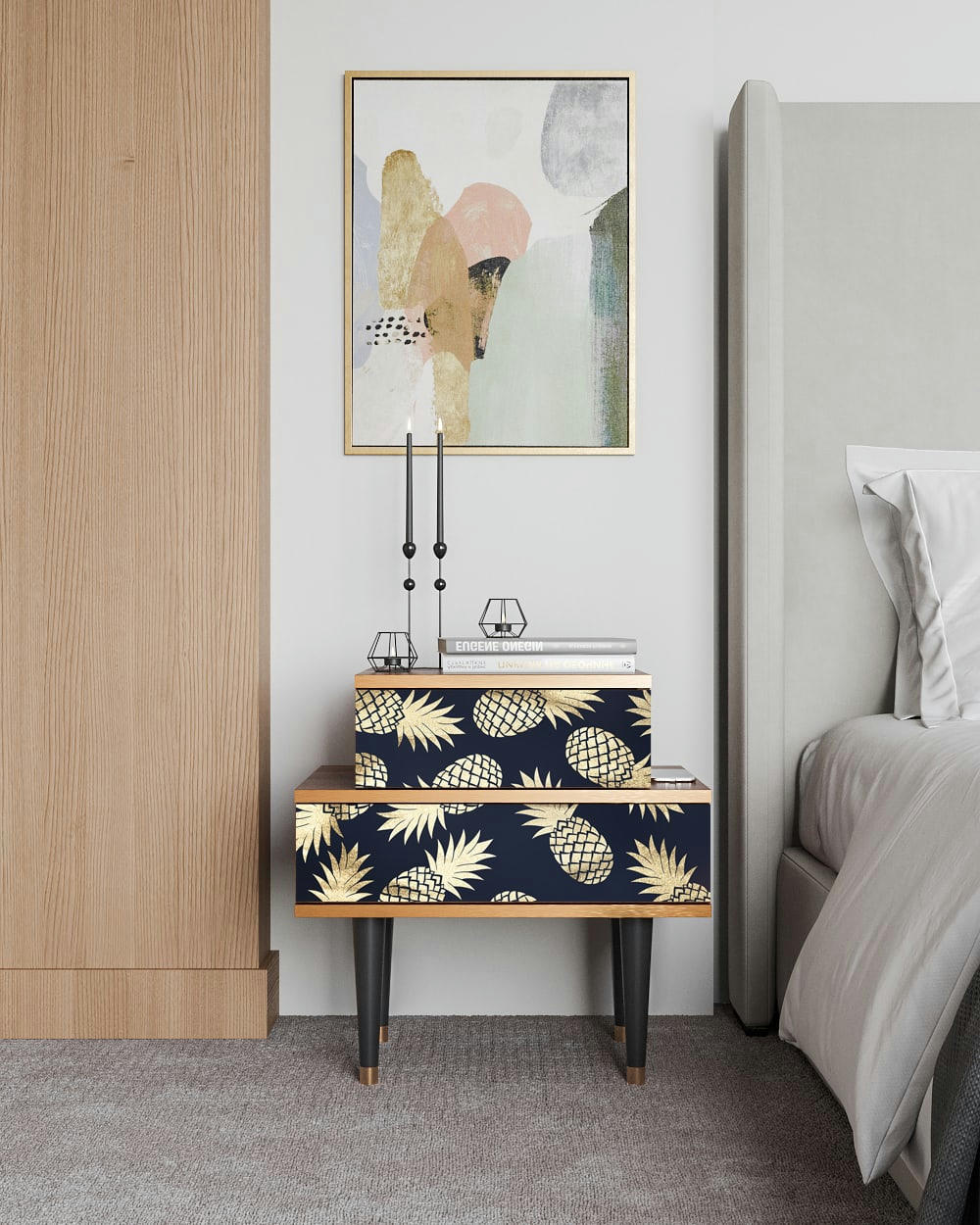 SUNNY PINEAPLE - Table de chevet bleu et jaune 2 tiroirs L 58 cm