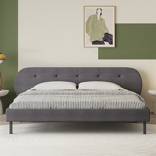 Lit capitonné 140x190cm gris avec tête de lit et sommier - TULSA