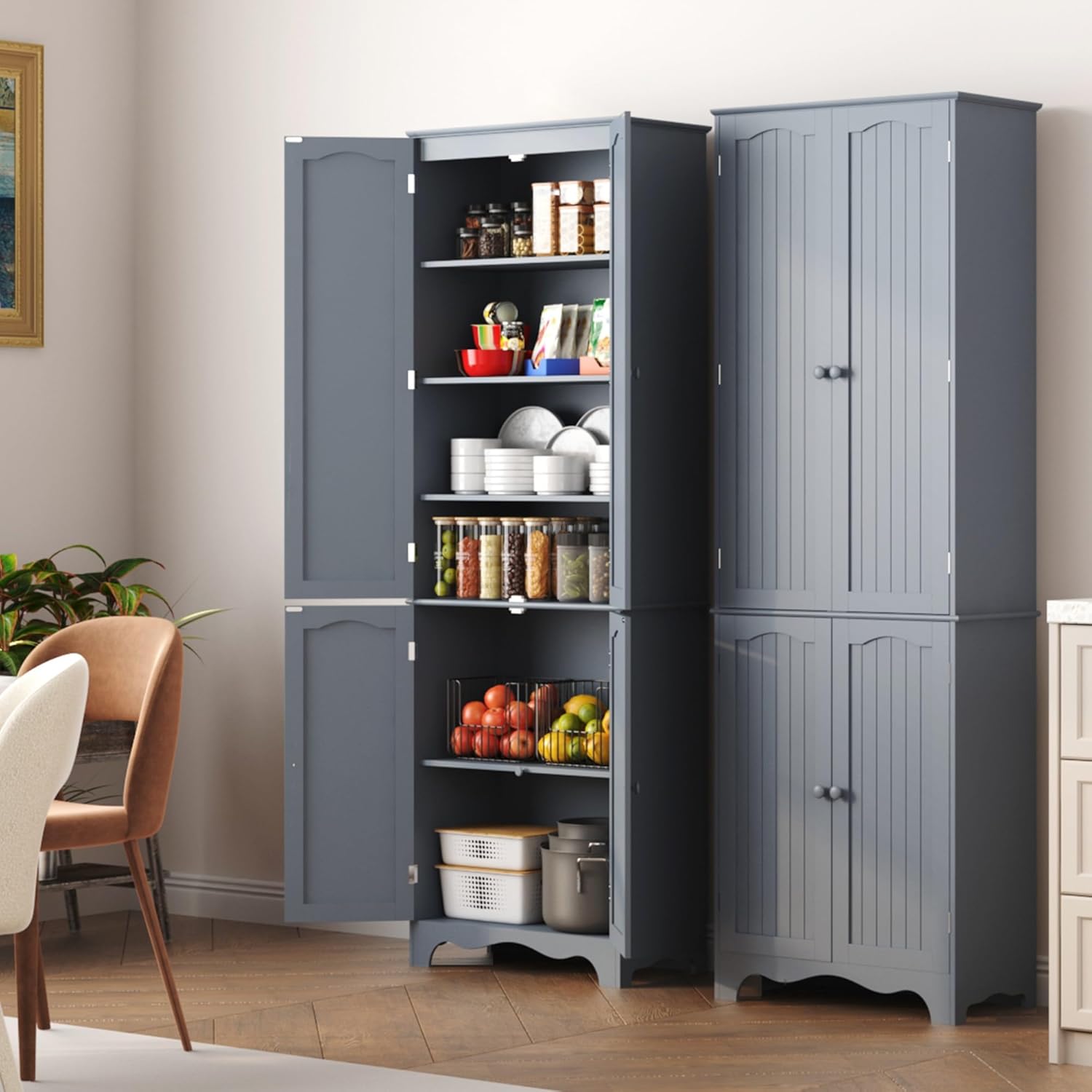 Function Home Tall Pantry Cabinet, Freestanding Storage Cabinet, Wooden Kitchen Pantry with 4 Doors and 5 Shelves, 72 Floor Cabinet Organizer for Kitchen Living Room Bathroom, Grey