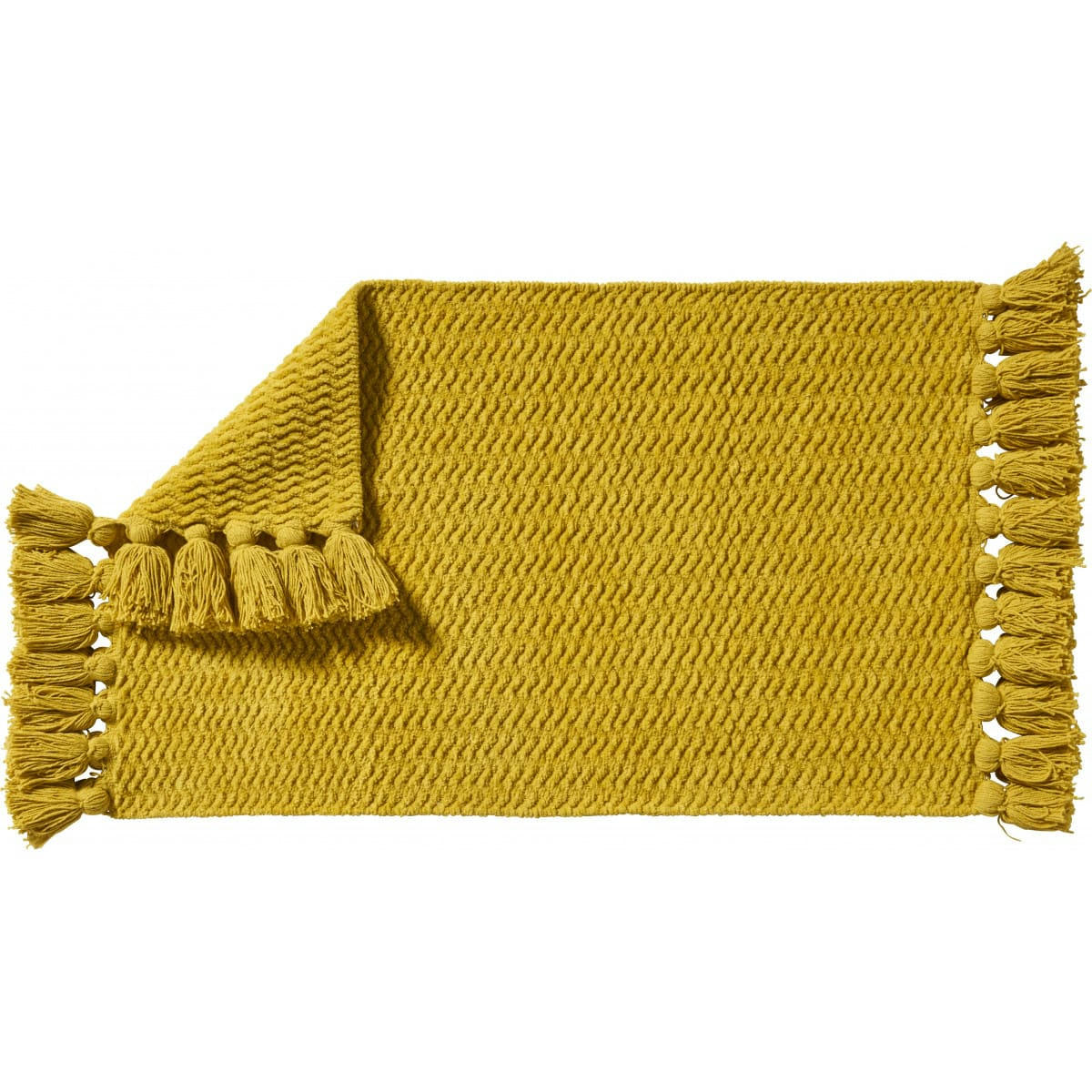 BOHEMIAN - Tapis de bain coton uni à pompons moutarde 50x80cm