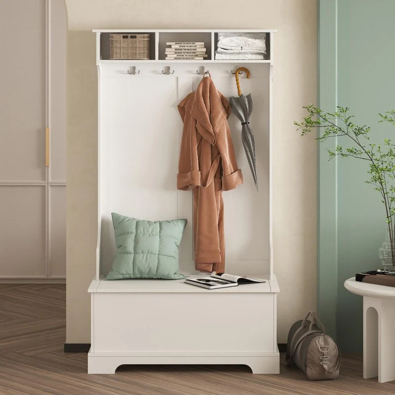 3-in-1 Design Hall Tree Entryway Storage Bench with 4 Hooks,Hinged Lid and Coat Hanger