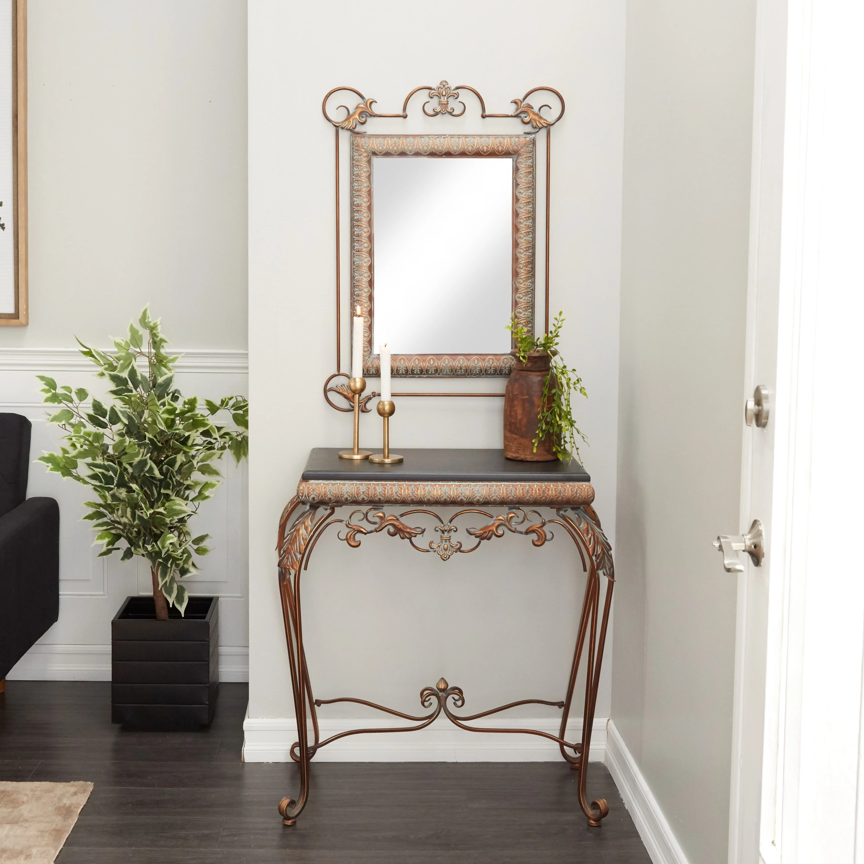 Metal Leaf Console Table with Mirror with Scrolled Legs - Set of 2 Bronze - Roche River Decor - 1W x 23L x 32H