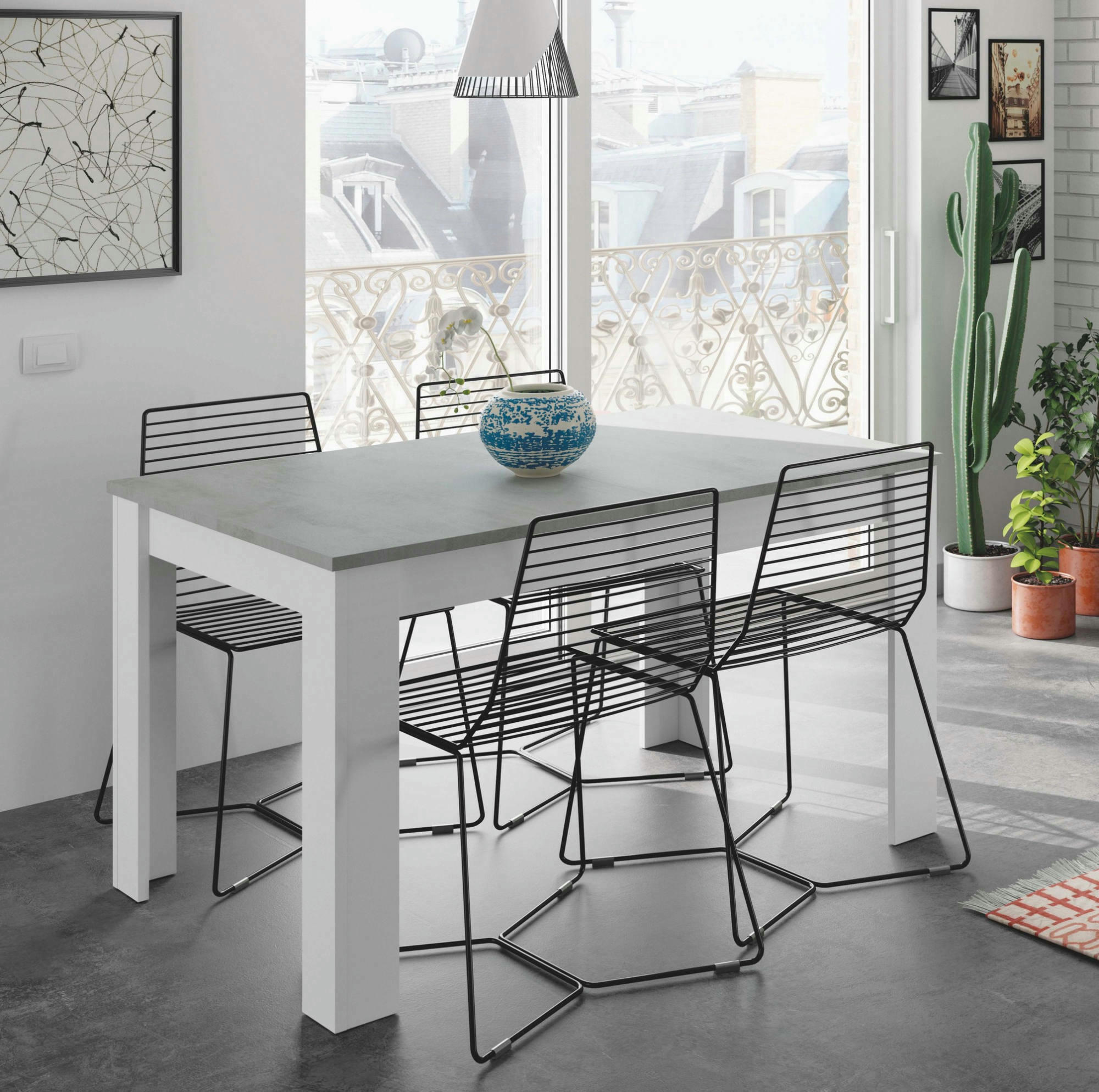 DALICE - Table extensible effet bois 140/190x90 cm béton et blanc