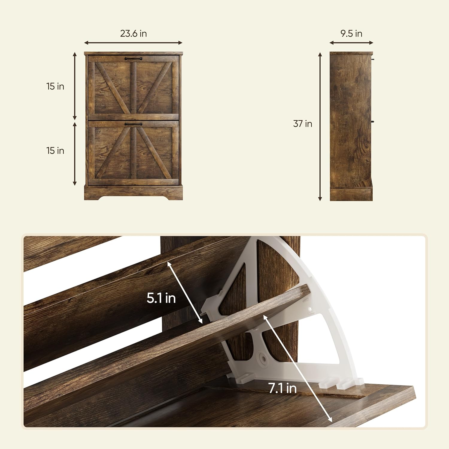 Semiocthome Farmhouse Shoe Storage Cabinet with 2 Flip Drawers, 23.6(W) Freestanding Shoe Organizer with Barn Door and Metal Handles for Entryway, Corner Narrow Shoe Rack Cabinet - Rustic Brown