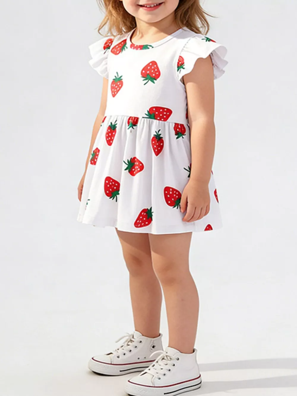 Children's Strawberry Print Ruffle Sleeve Casual Dress