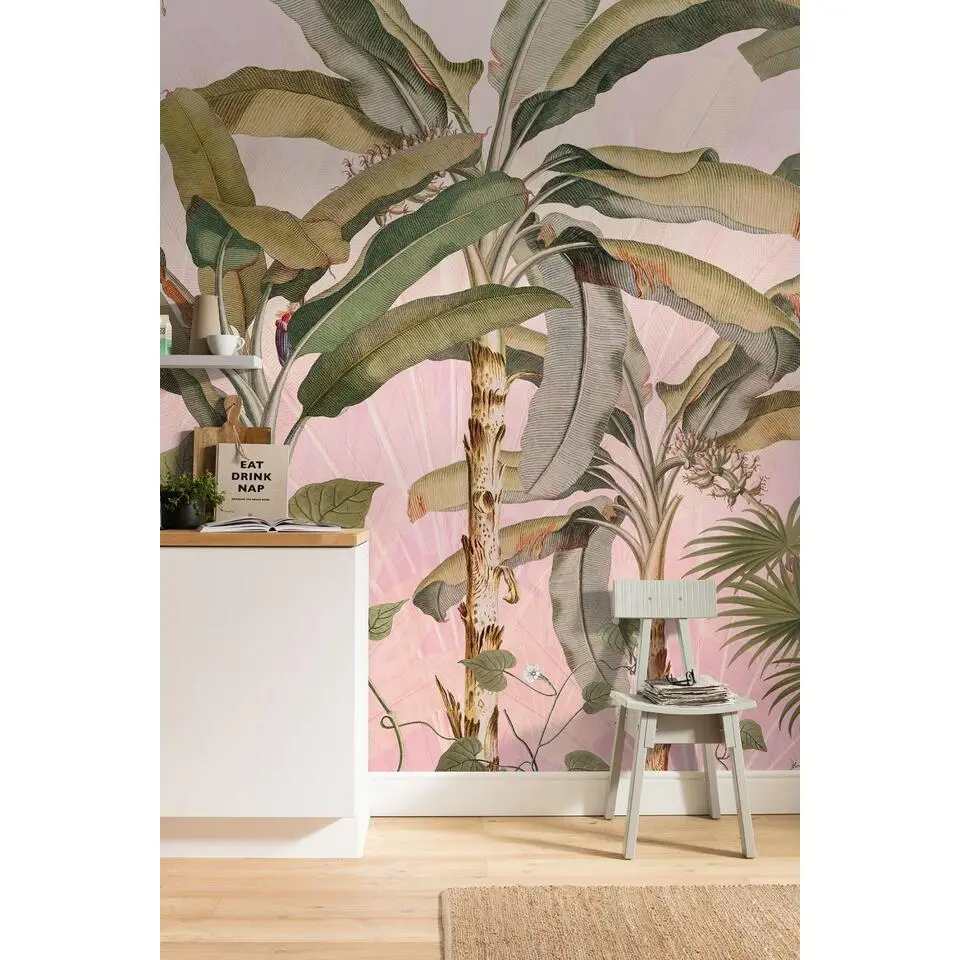 Sanders & Sanders fotobehang palmbladeren roze en groen - 350 x 270 cm
