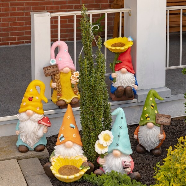 Magnesium Garden Gnome Sitting Holding Daisies and a Butterfly