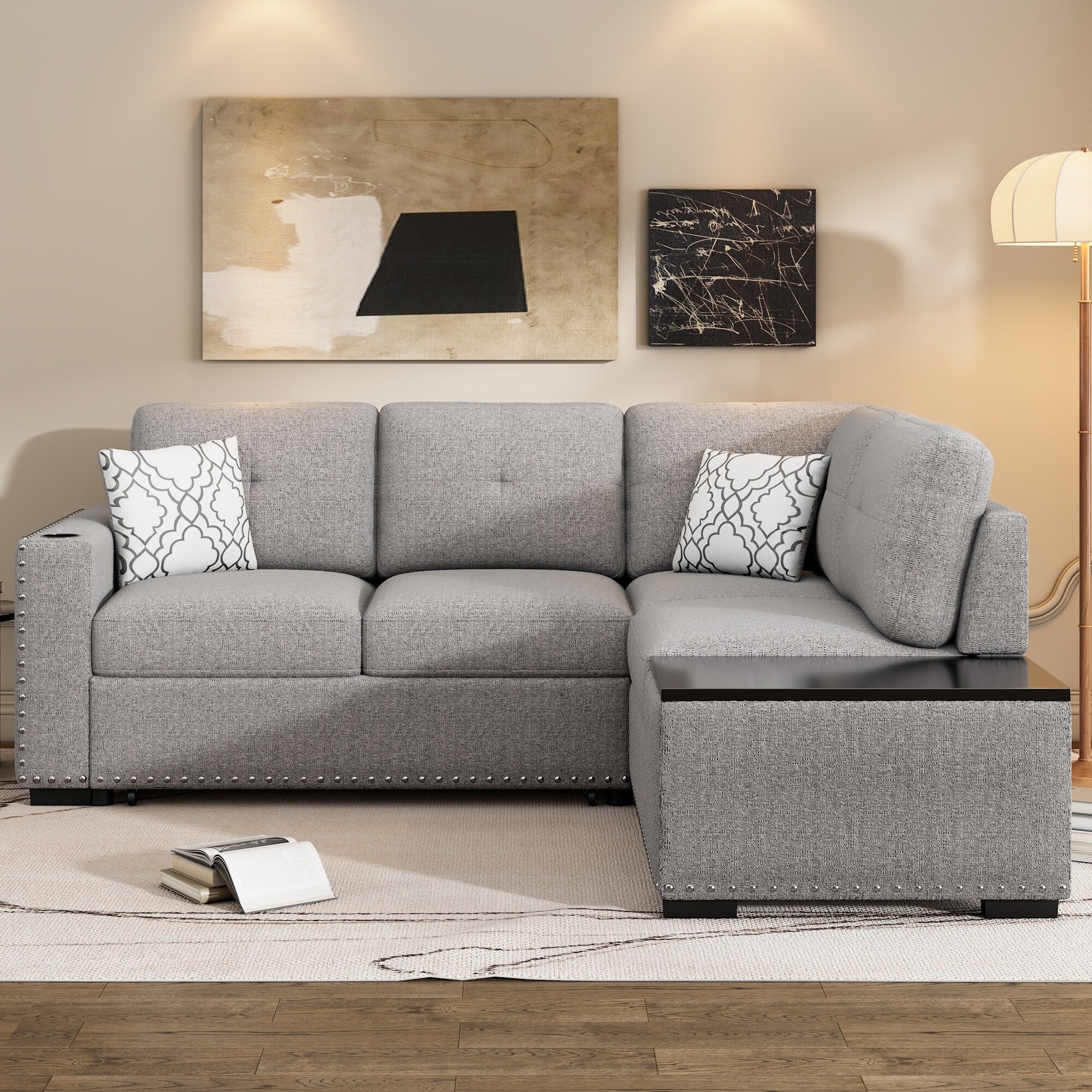83.8'' L-Shaped 4-Seat Sectional Sofa with Pull-Out Bed, Storage Chaise, USB Ports, Power Sockets, and Cup Holders