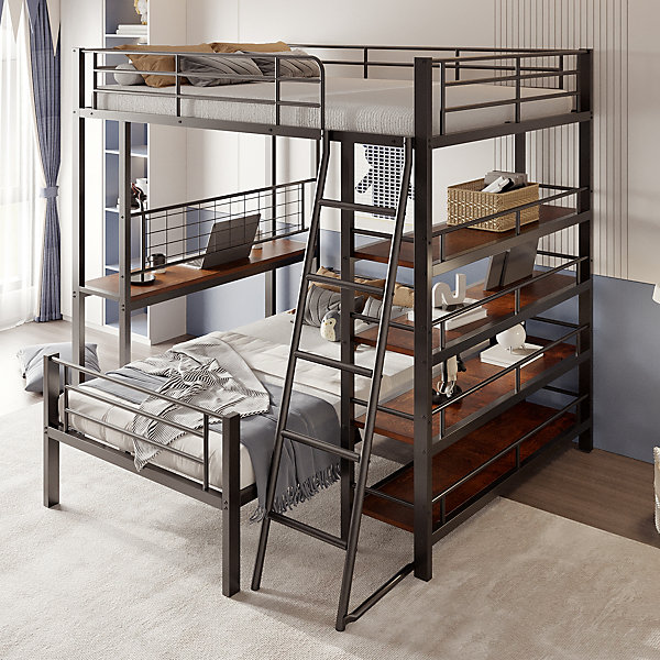 Lit mezzanine 140x200 cm - Lit double avec rangement multifonction, structure métal et MDF avec étagères - Sans matelas - Noir