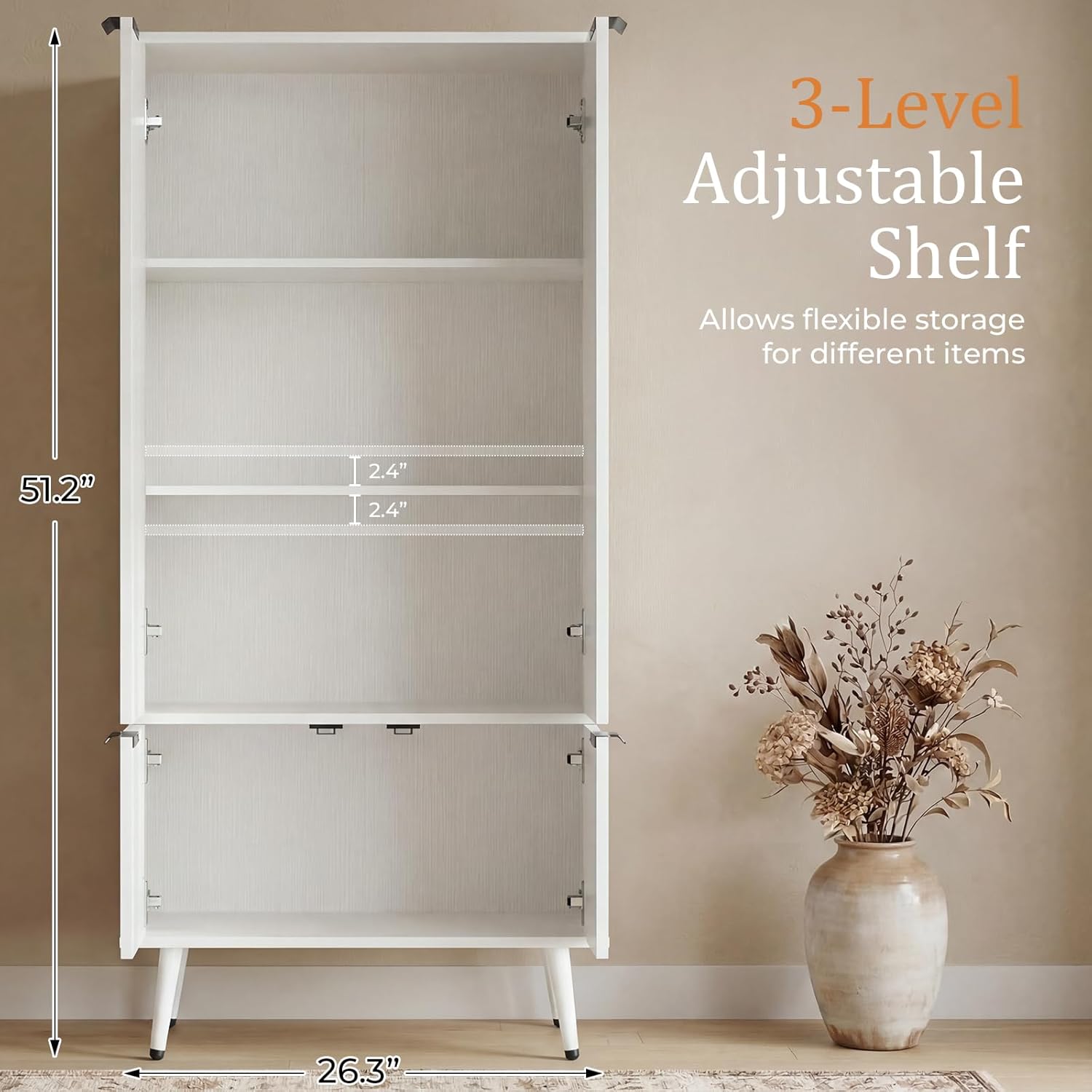 Foxemart White Fluted 51 Tall Wooden Kitchen Pantry Storage Cabinet Food Organize with Adjustable Shelves, Modern Accent Cabinet Sideboard Buffet for Dining Room, Entryway, Bathroom, Home Office