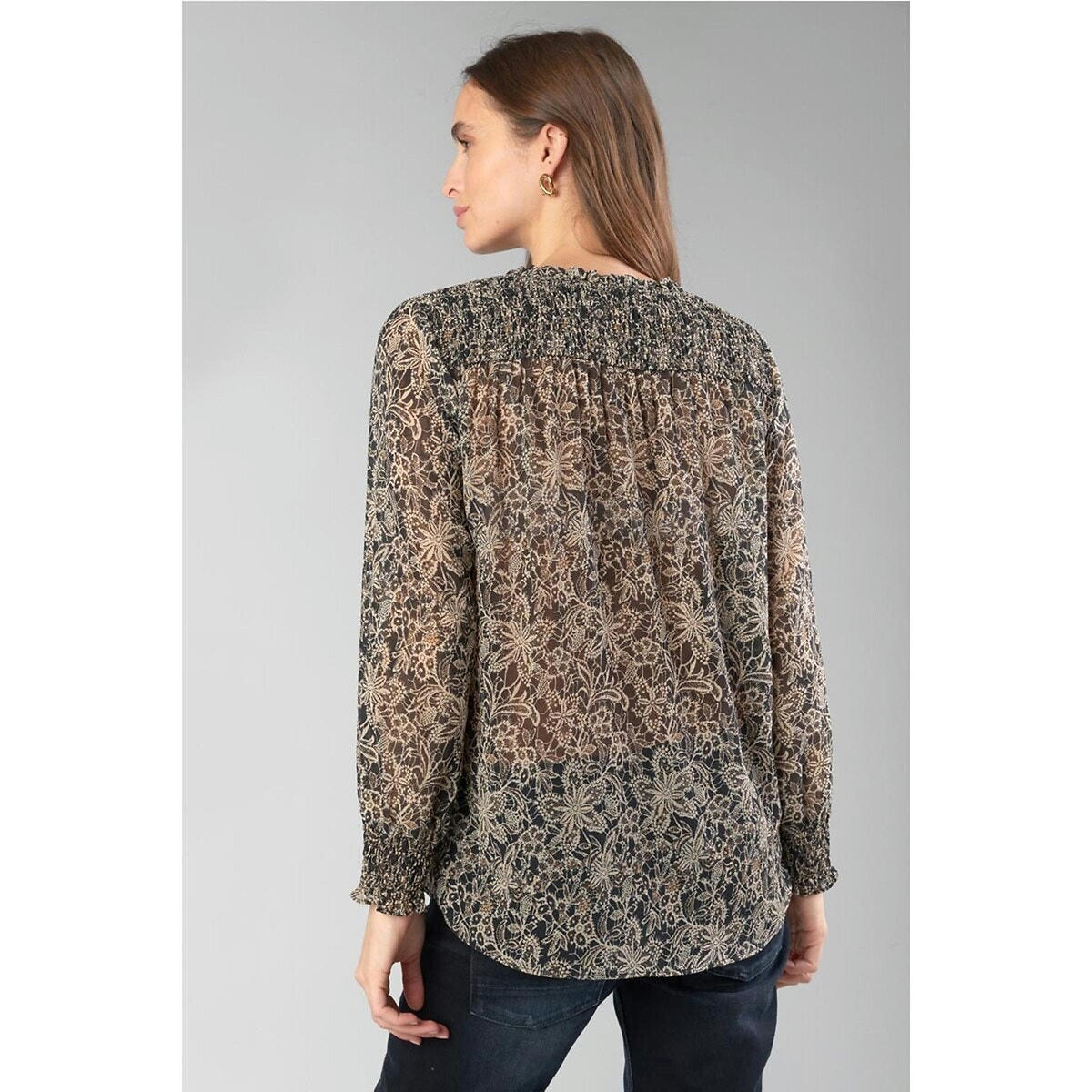 Blouse col v imprimé, manches longues
