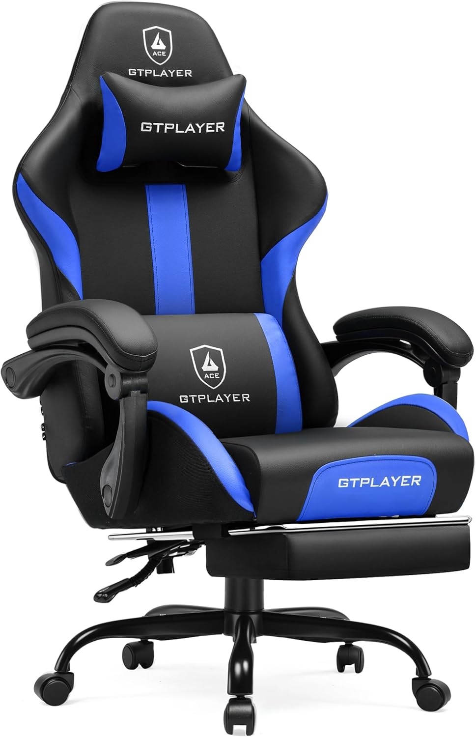 GTPLAYER Gaming Chair with Foot Rest & Pocket Spring Cushion, Ergonomic High Back Computer Chair with Headrest & 360°-Swivel Seat for Home Office Desk, PU Leather, Blue