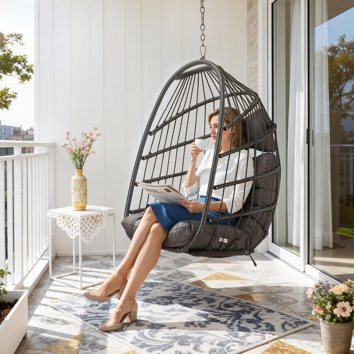 RADIATA Foldable Hanging Egg Swing Chair No Stand, Indoor Outdoor Wicker Basket Chair with Comfy Cushion, 350Lbs Durable Portable Hanging Hammock Seat for Bedroom Patio Porch Balcony, Dark Grey