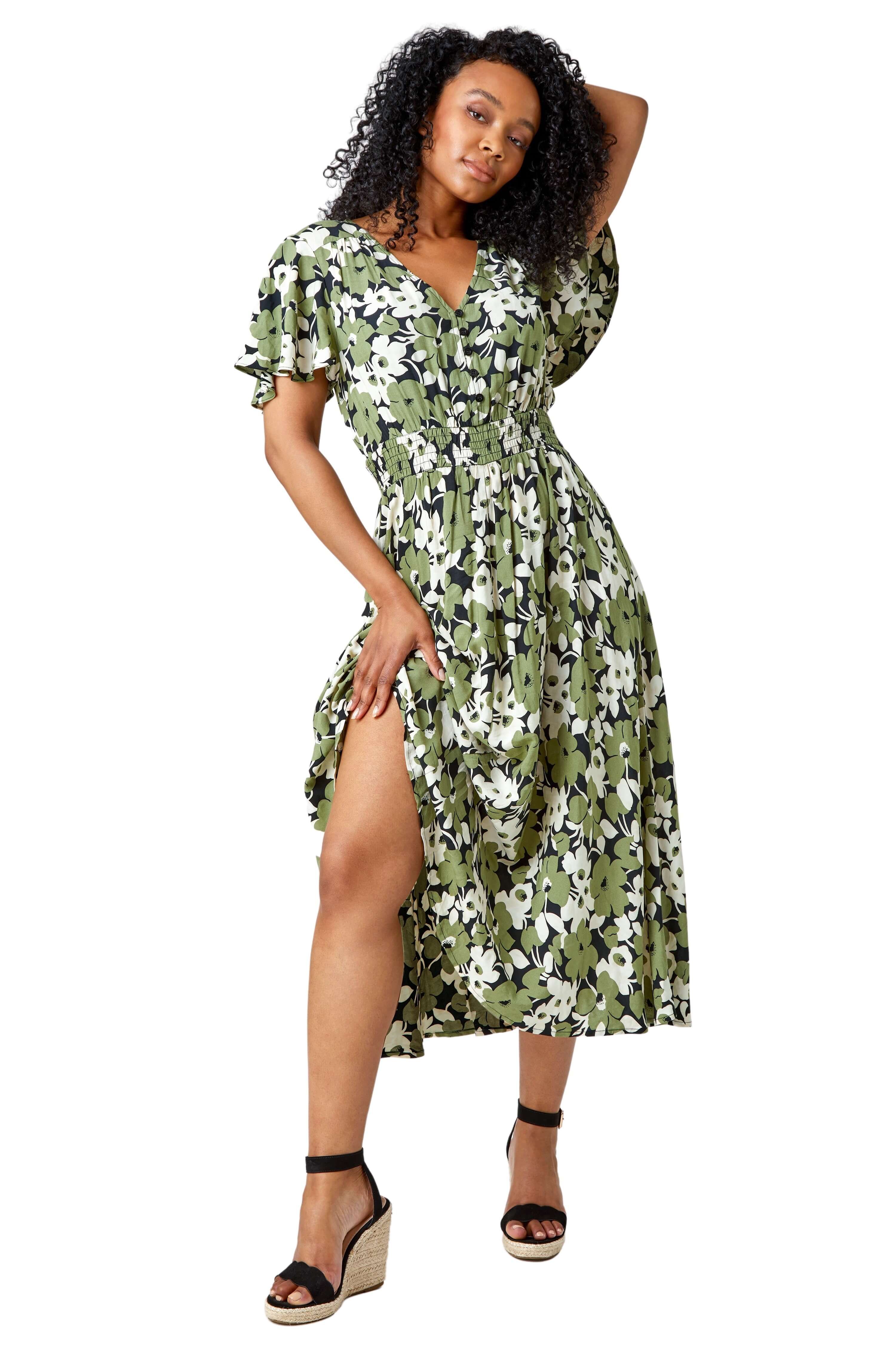 Roman Petite Floral Print Shirred Midi Dress