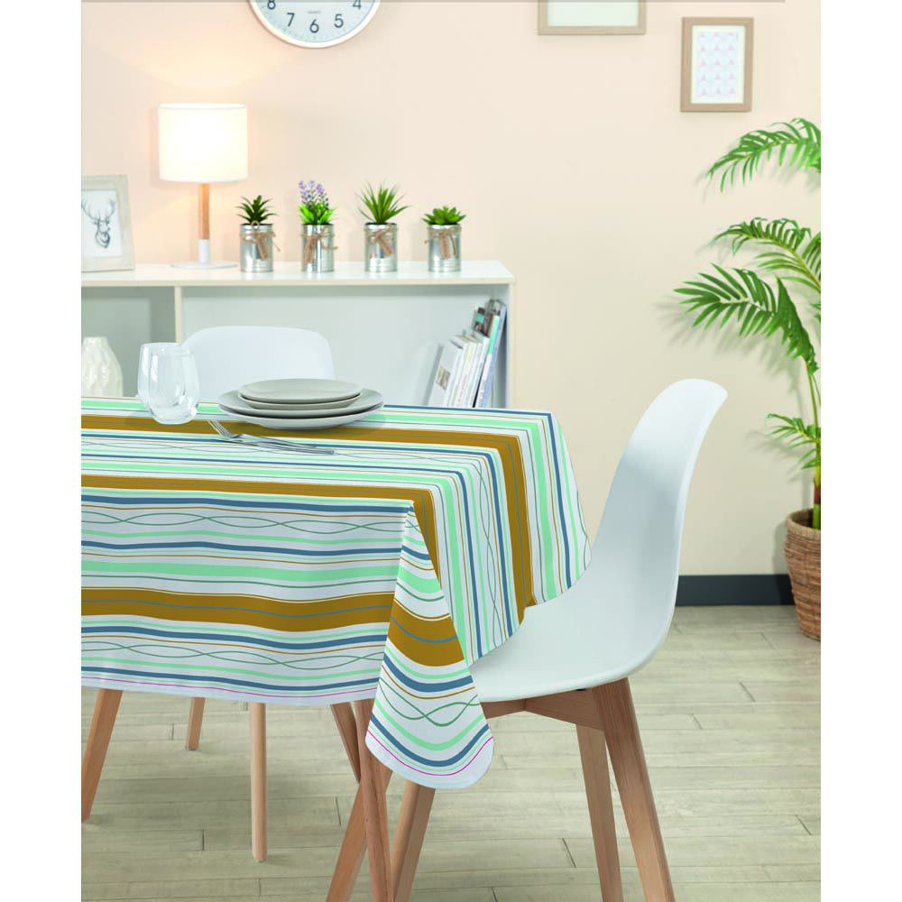 Nappe rectangulaire polyester anti tâche bayadère jaune bleu blanc