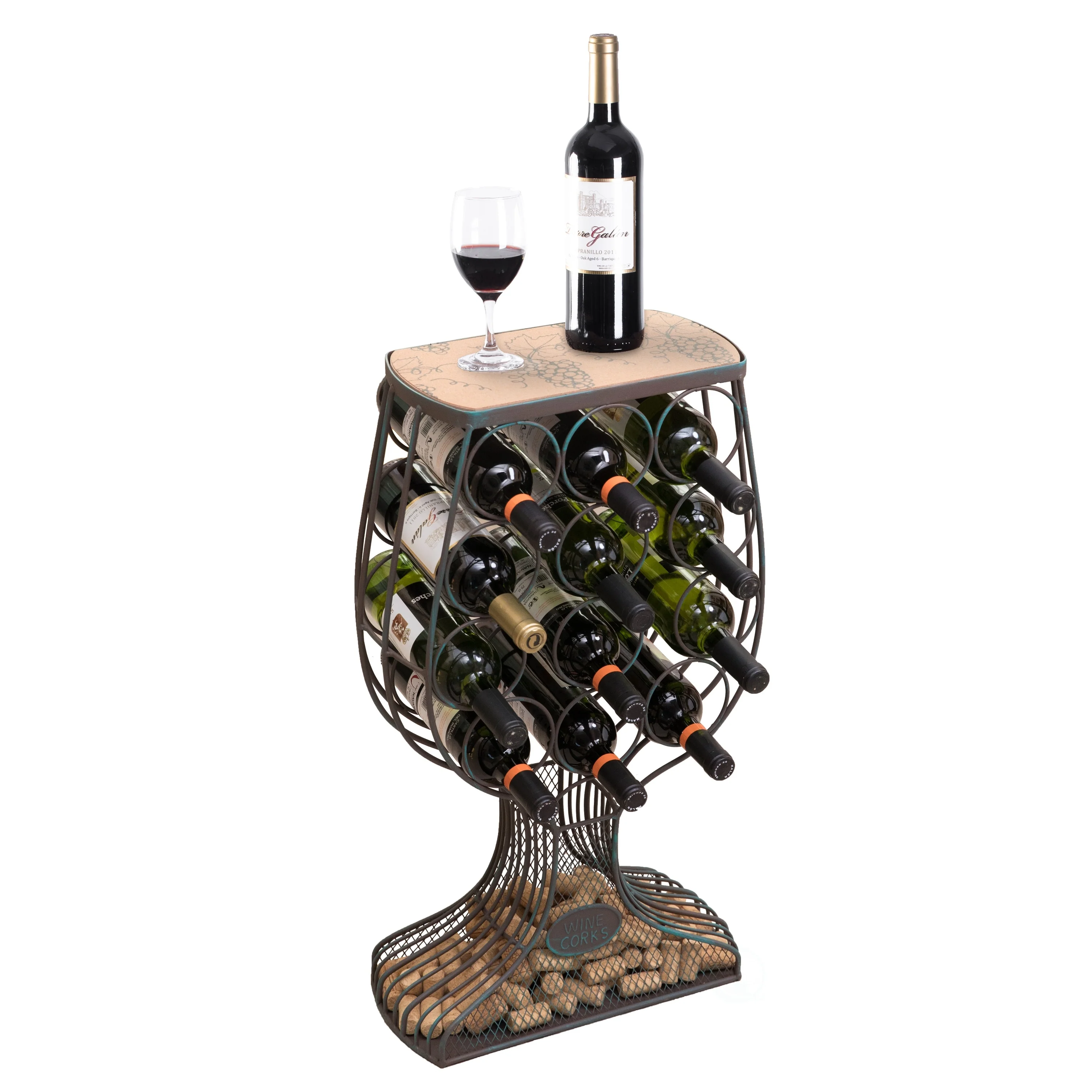 Freestanding Floor Wine Rack with Wooden and Metal Goblet Design - Holds 12 Bottles