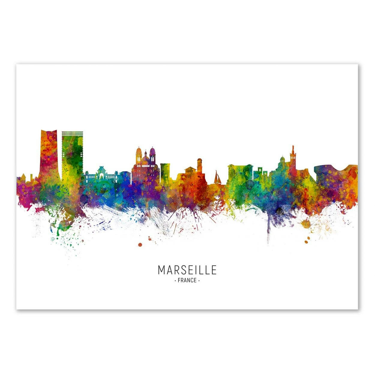 MICHAEL TOMPSETT - MARSEILLE FRANCE SKYLINE (COLORED VERSION) -  Affiche d'art 50 x 70 cm