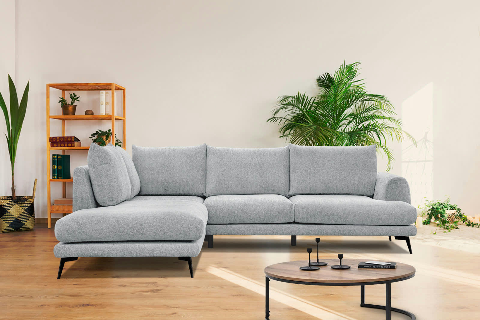 ADRIA - Canapé d'angle gauche 5 places tissu gris clair