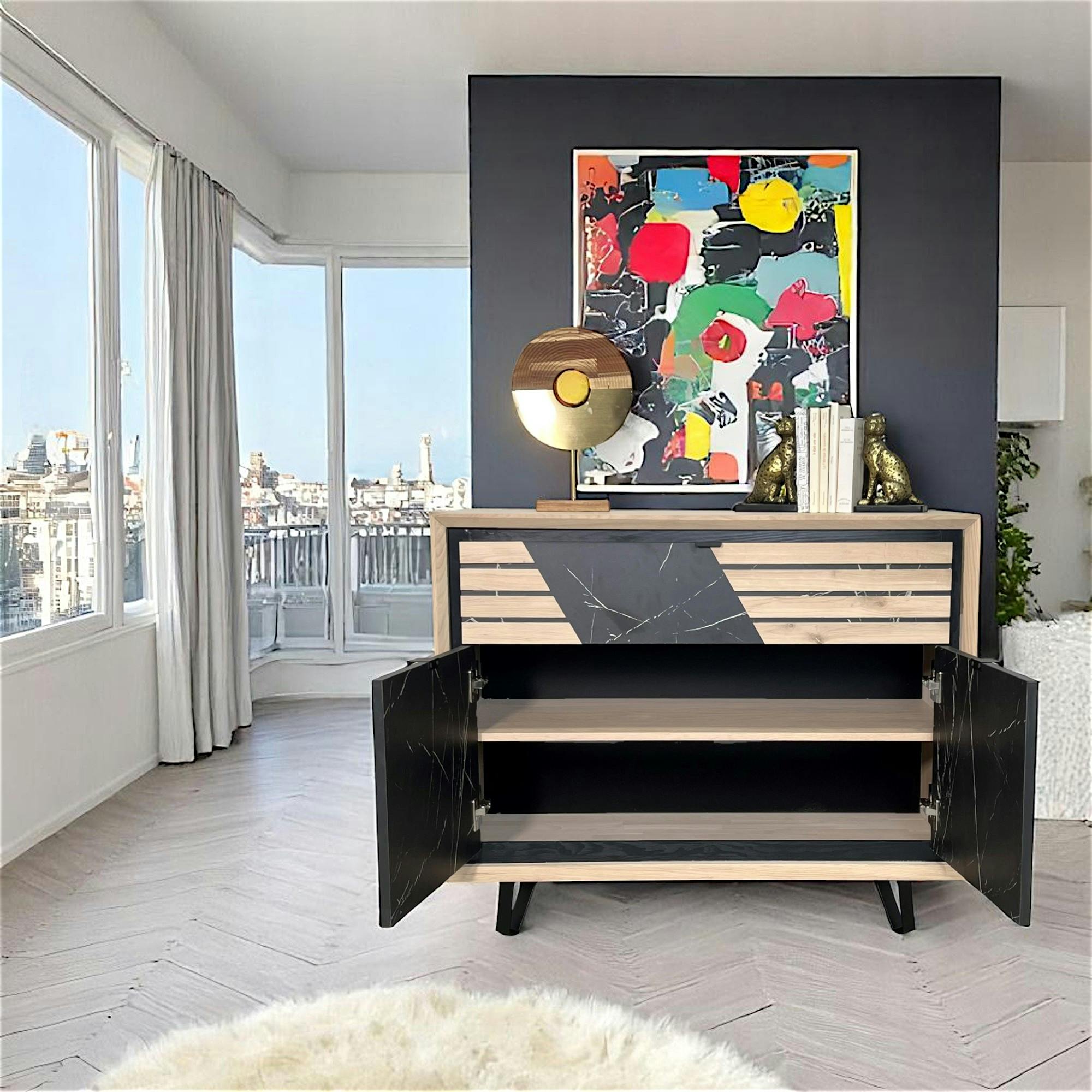 Buffet 2 portes chêne blanc décor graphique ESSEN