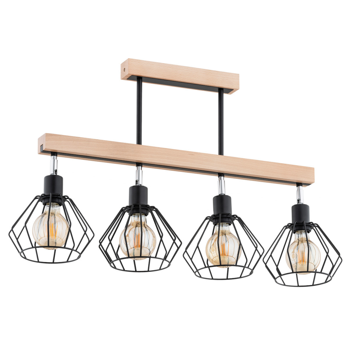 Lampa wisząca jasne drewno-czarna-chromowana PILAR 4xE27x15W Alfa