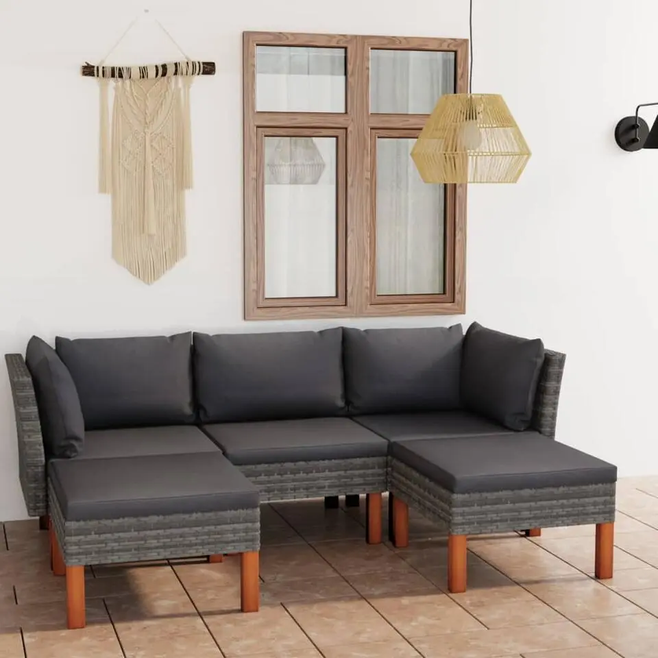 vidaXL - Loungeset - Grijs - Poly rattan - 5 stuks - Met kussens
