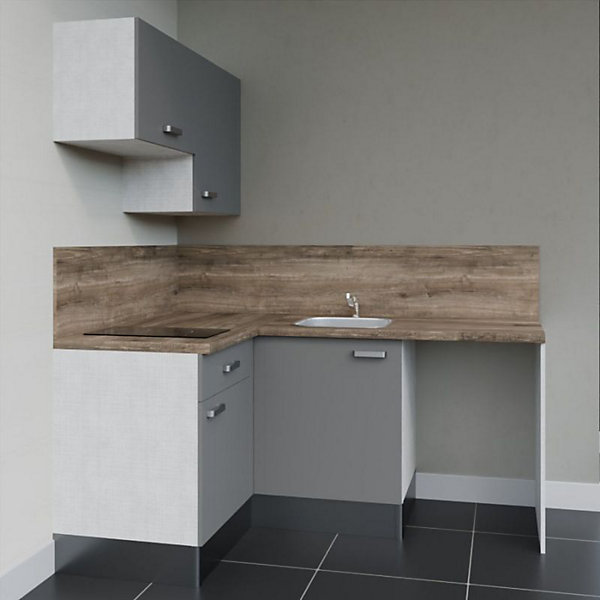 Kitchenette KA02 - 128 cm - Façades : Gris - Plan de travail : Bois - Crédences : Oui - Evier
