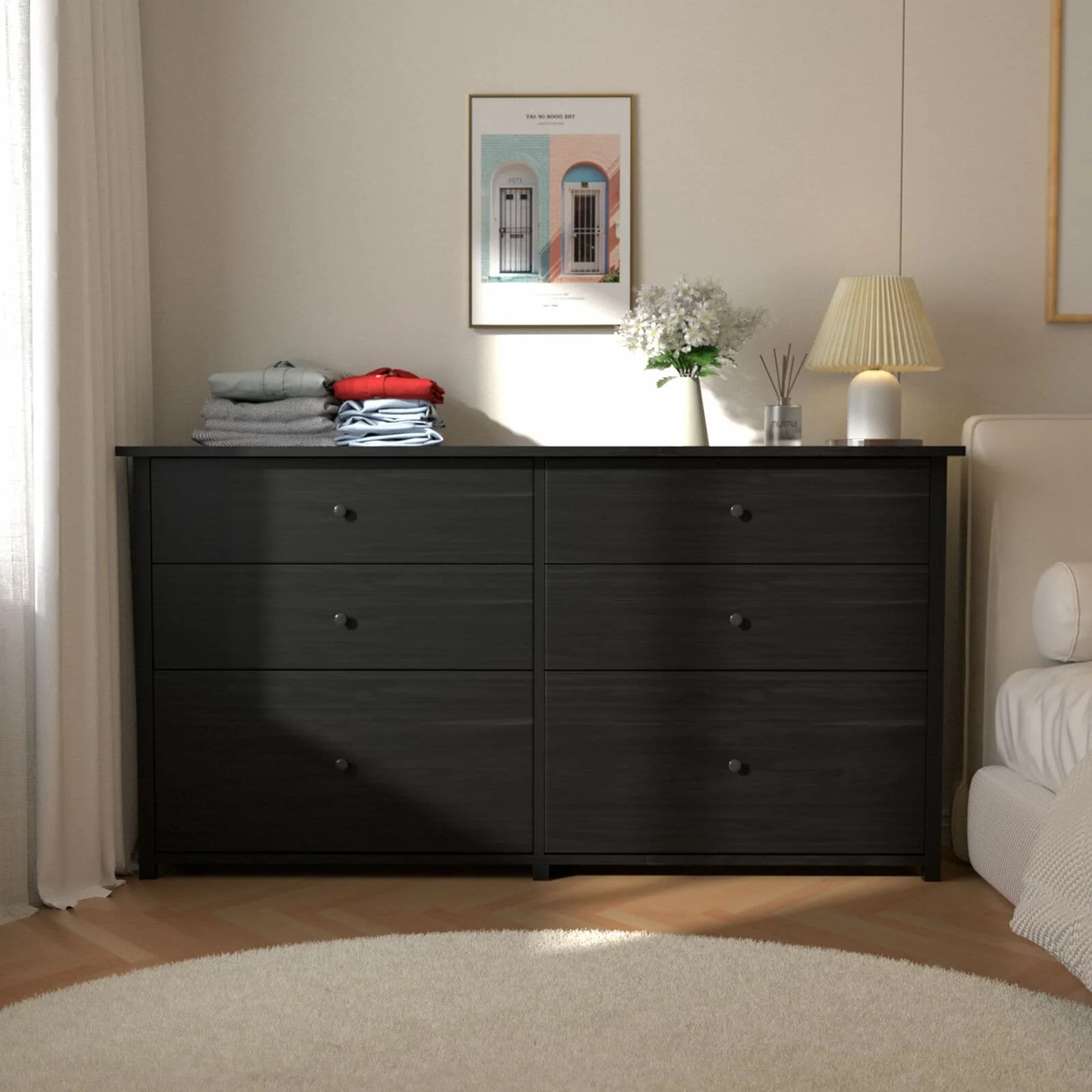 VEIKOUS 6-Drawer Dresser Chest of Drawers Long Storage Dresser,with replaceable knob