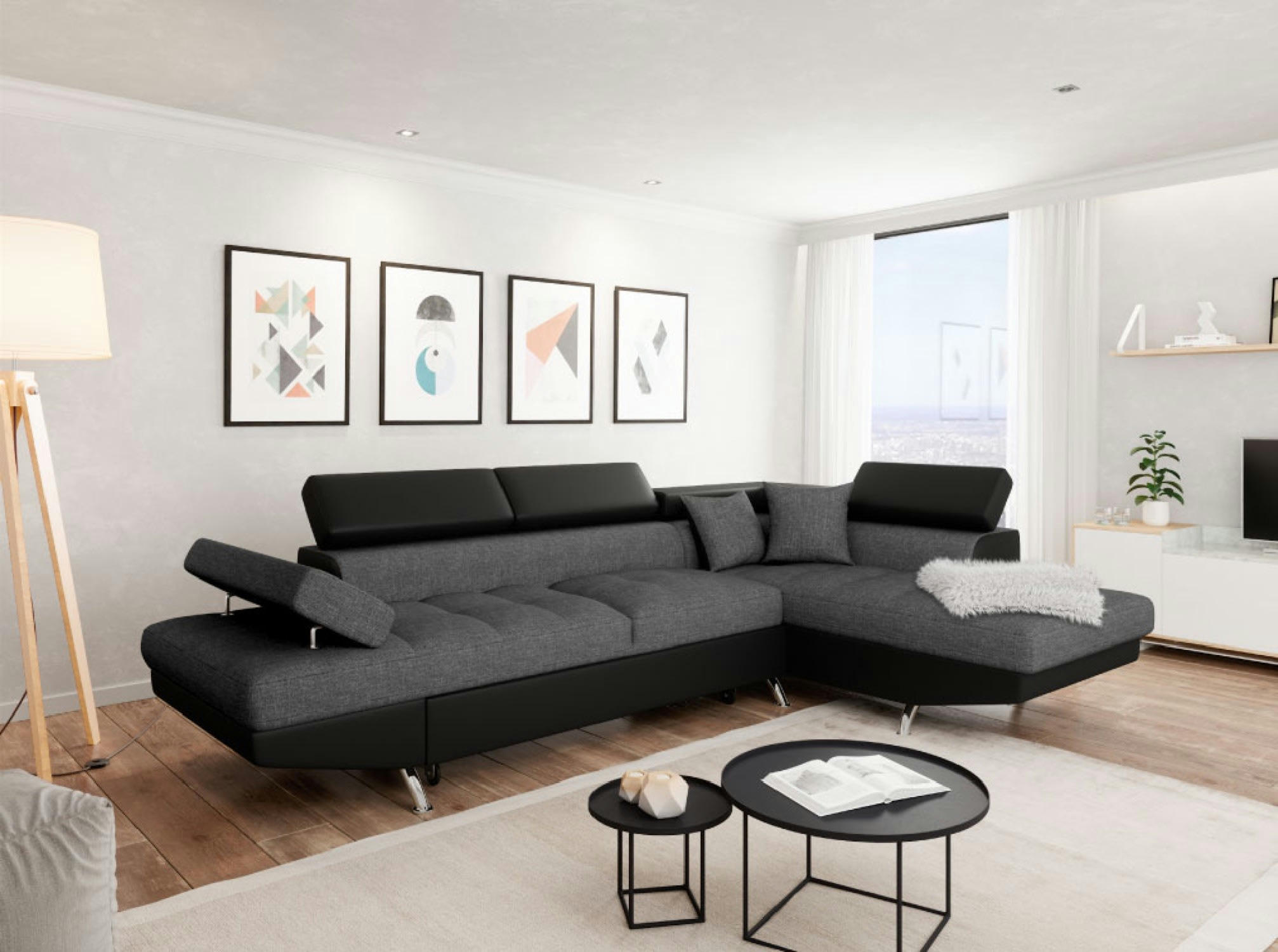 RIO - Canapé d'angle droit convertible avec coffre noir/gris