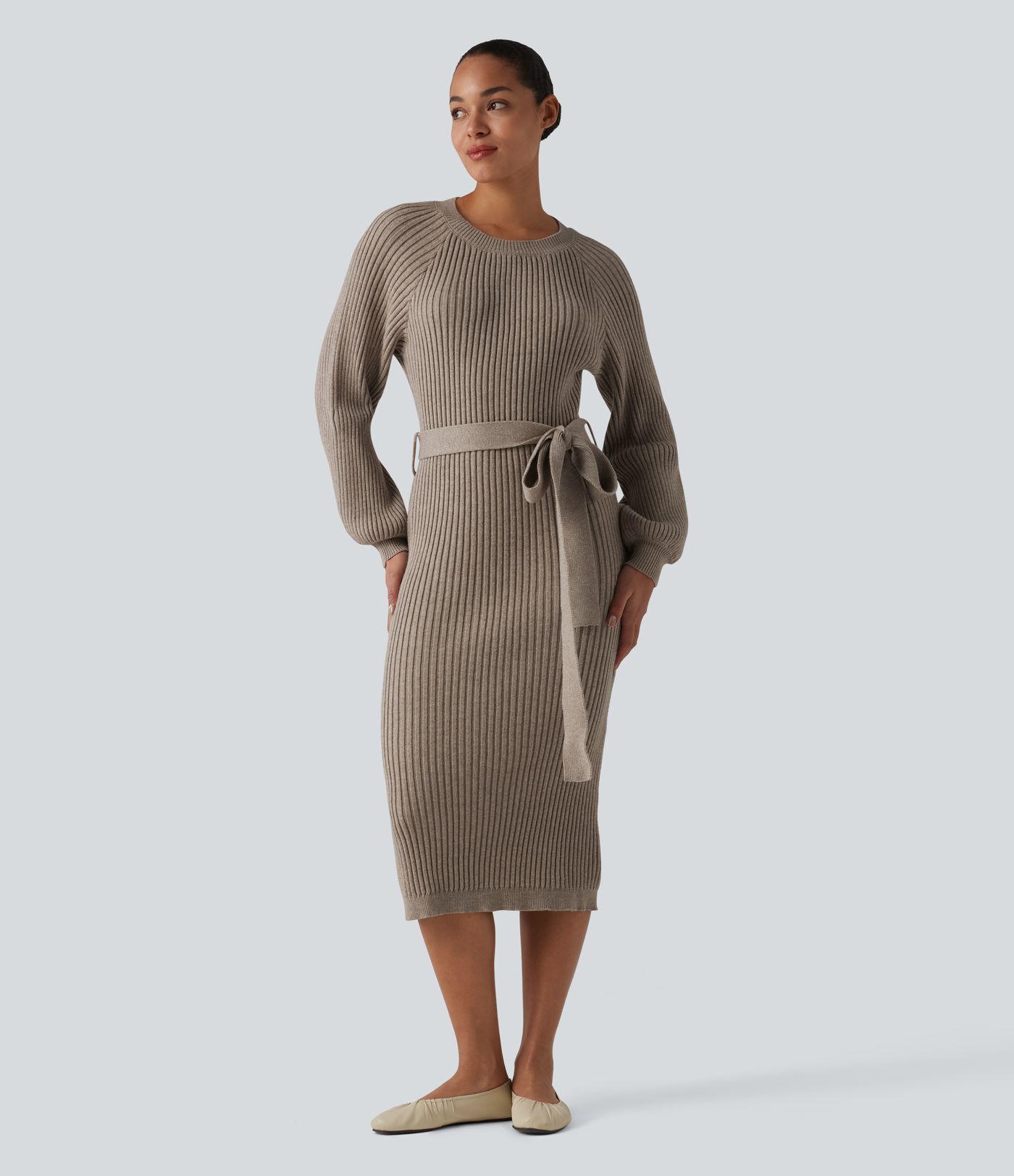 Robe pull midi casual col rond à manches longues, ceinturée