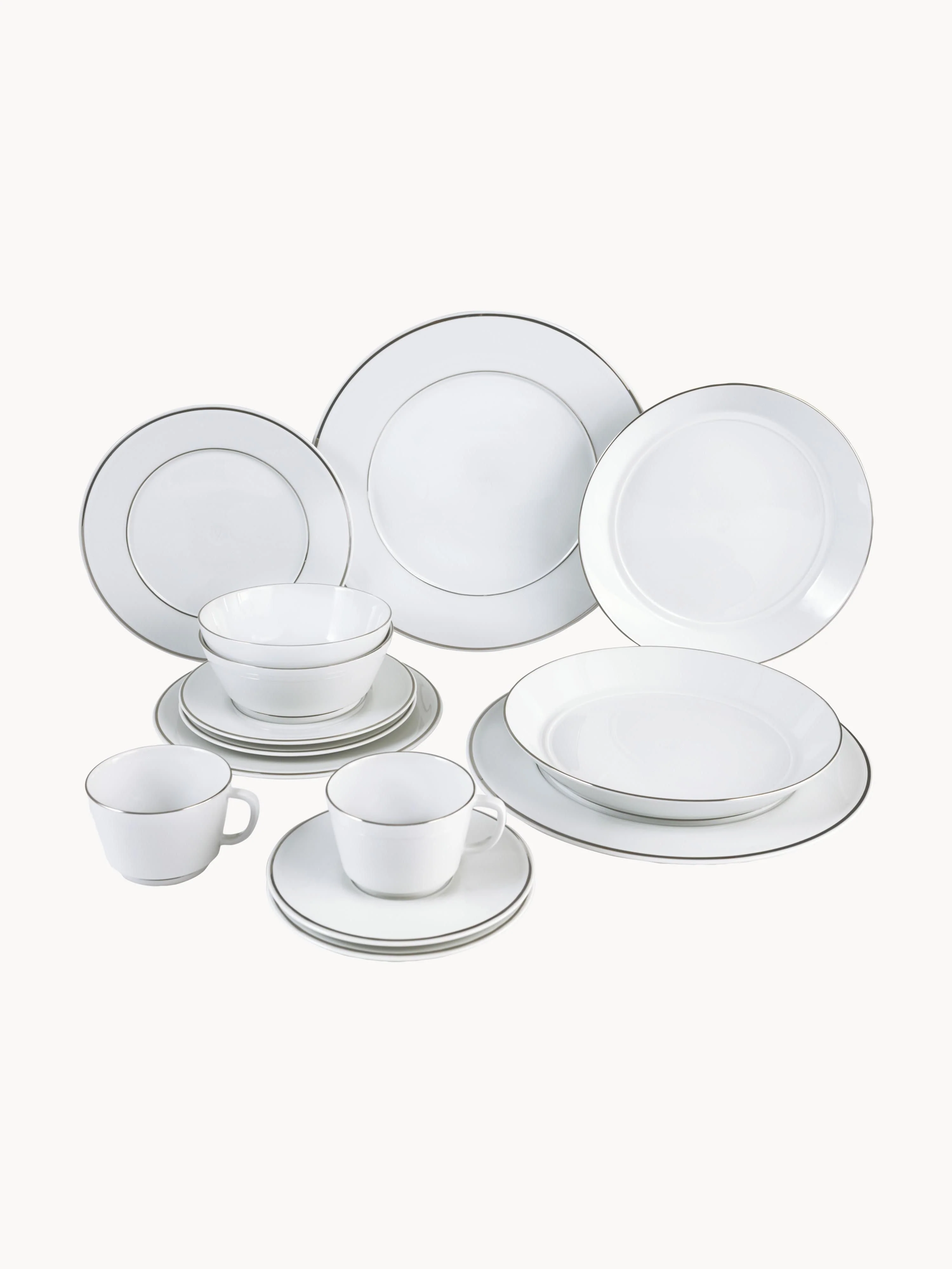 Handgefertigtes Porzellan-Geschirr-Set Vitruv mit handgemaltem Platinrand, 2 Personen, 14er-Set