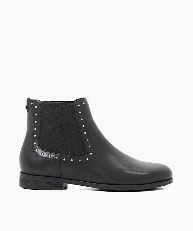 Pudded Black - Leather Stud Detail Round Toe Ankle Boots