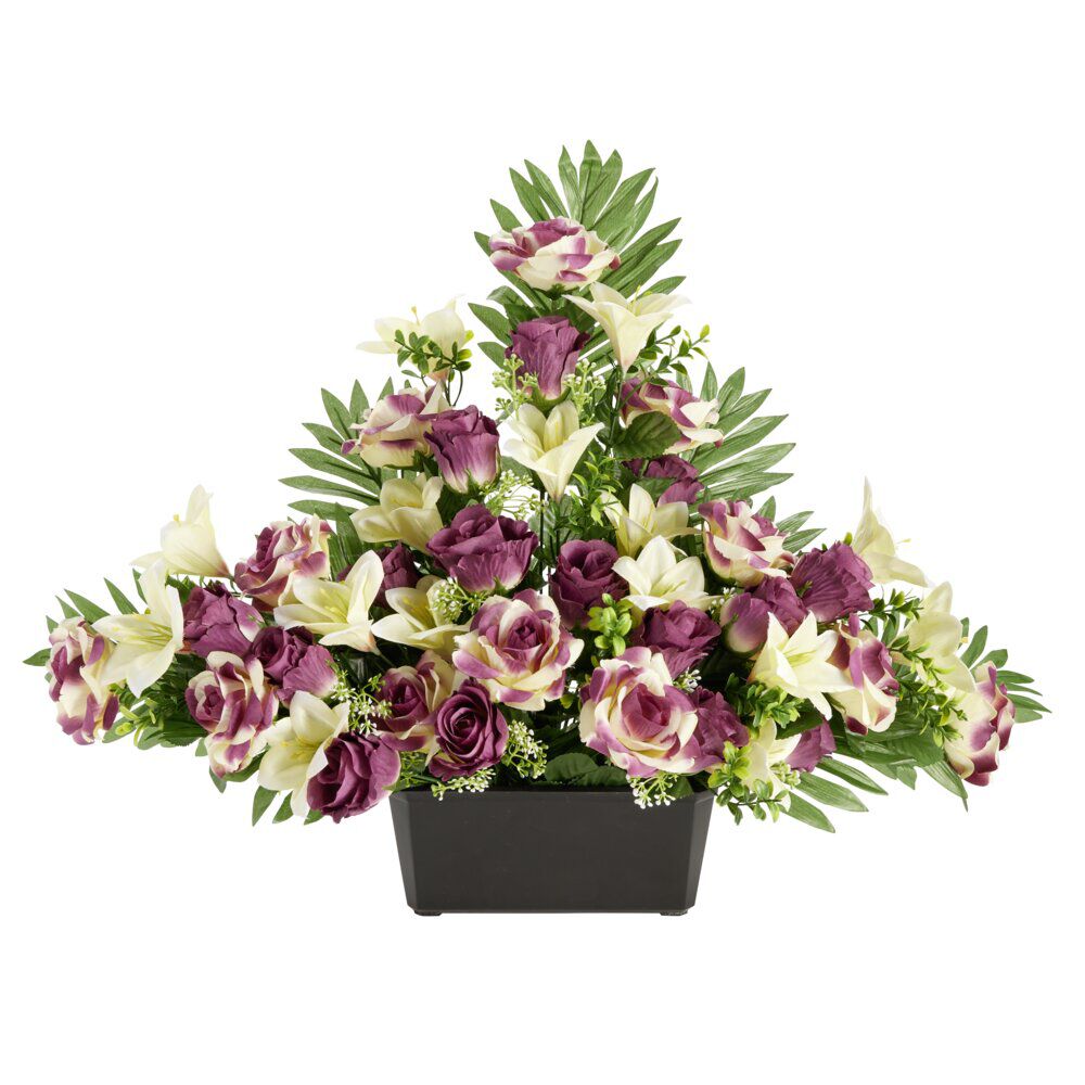Composition florale artificielle roses et lys fuschias jardinière L76xH46cm