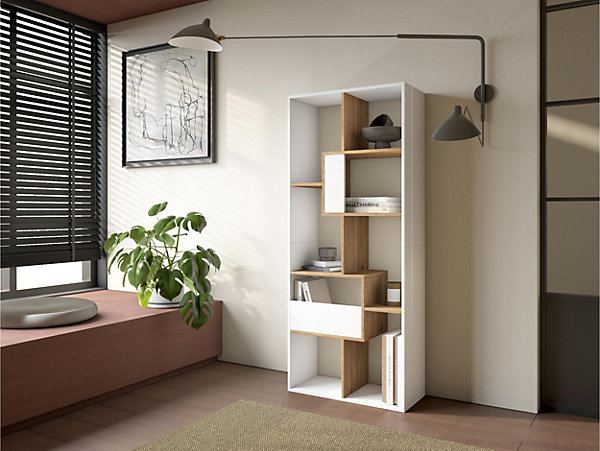 Bibliothèque étagère asymétrique 8 compartiments 67x31x162cm Blanc et Chêne
