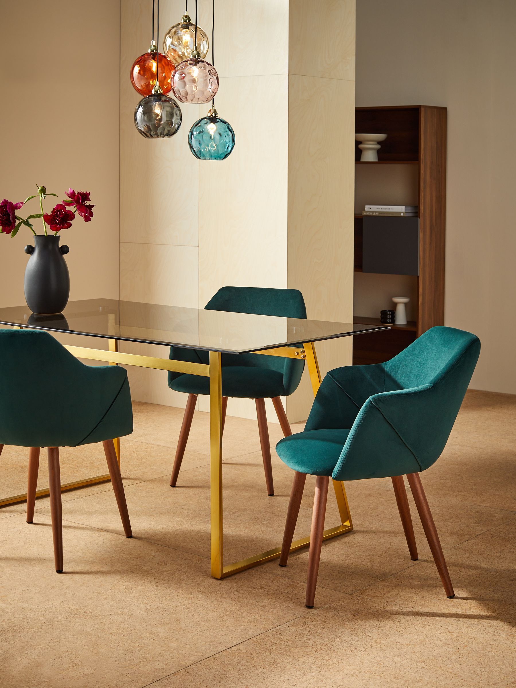 Set of 2 Lule Arm Dining Chairs in Pine Green Velvet and Walnut Effect Legs