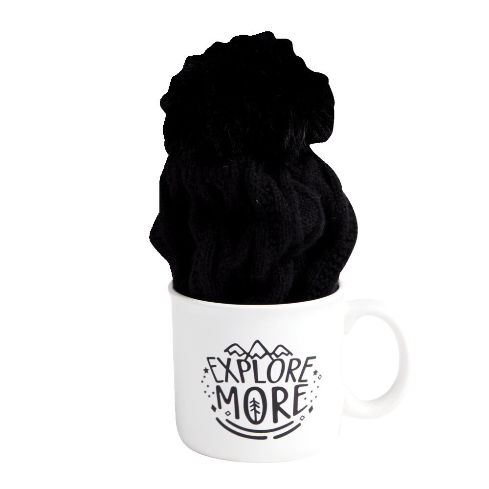 Ensemble mug 450ml faïence avec bonnet à pompon noir