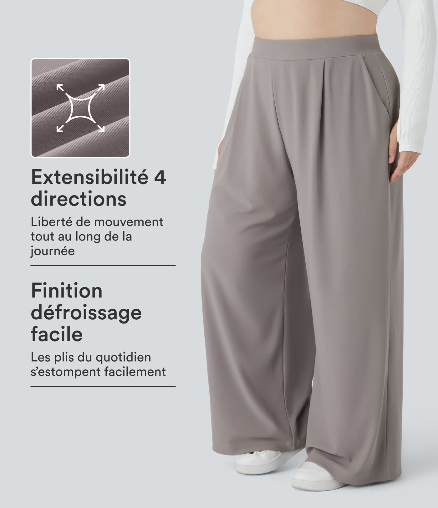 Pantalon de travail grande taille Halara Flex™ à taille haute sculptante et amincissante, poches latérales, jambes larges et tissu micro-gaufré