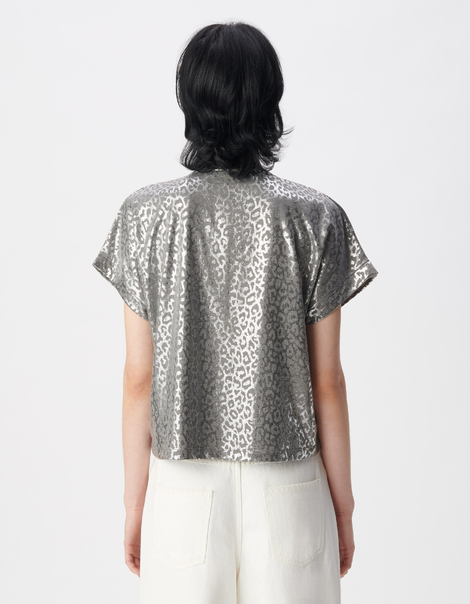 Tee-shirt gris motif léopard argent métallisé Femme
