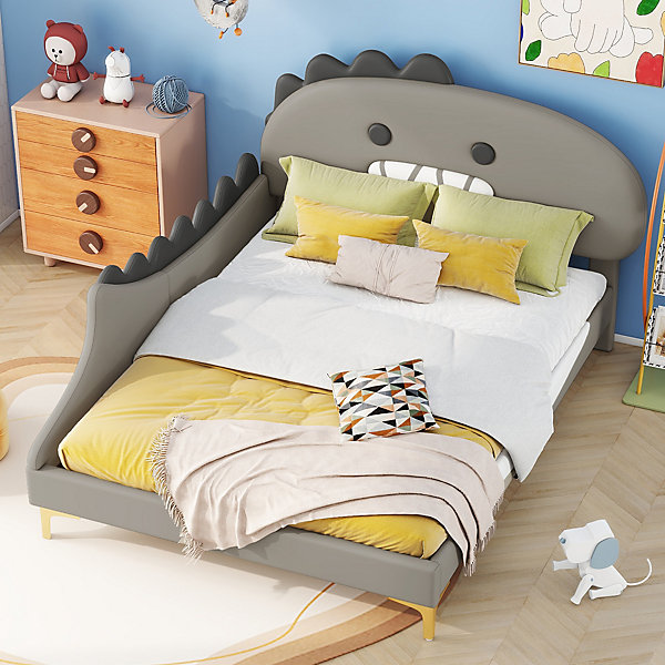 Lit simple-Lit pour enfant 140 x 200 cm, forme de dinosaure de dessin animé, lit plat, matériau PU, gris