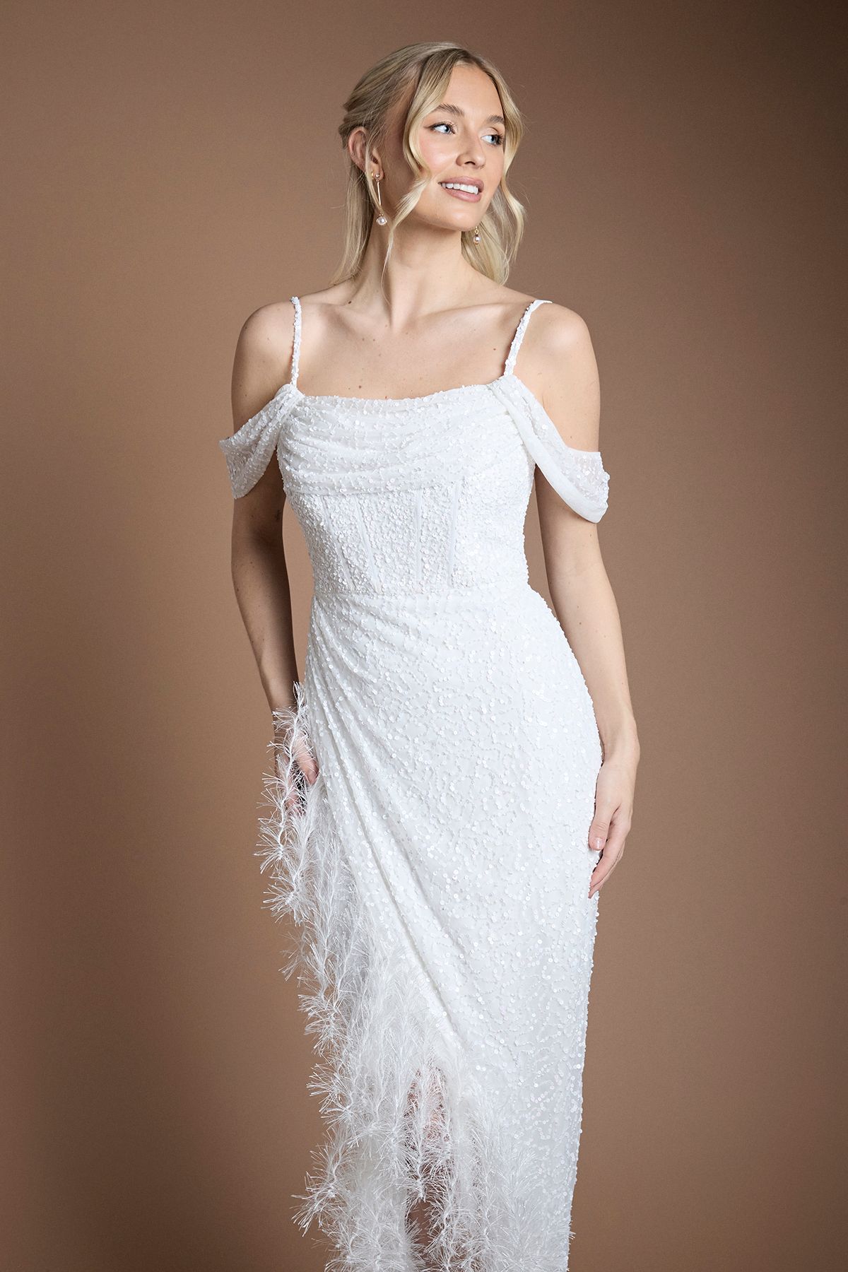 Coast Sequin Embellished Feather Trim Draped Bardot Maxi Wedding Dress