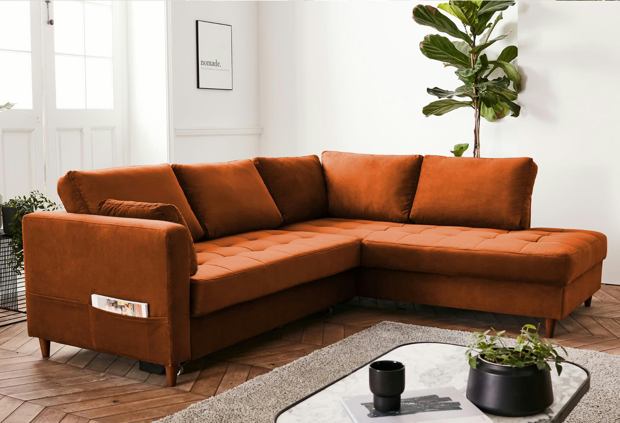 ANNA - Canapé d'angle droit convertible 5 places en velours rouille