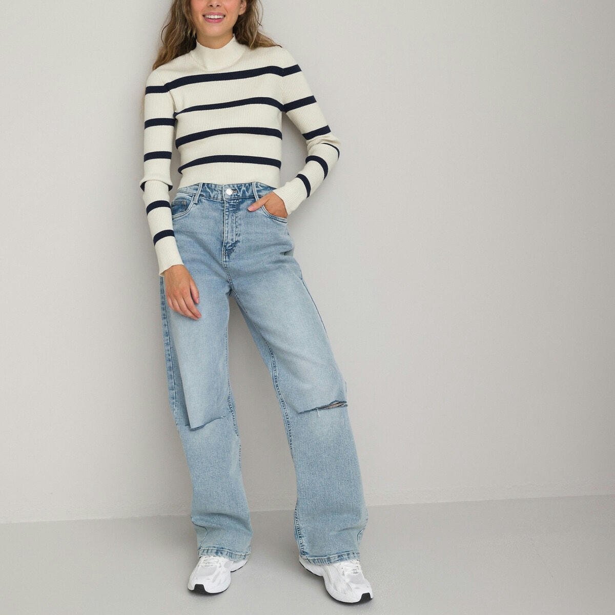 Pull cropped, col montant à rayures