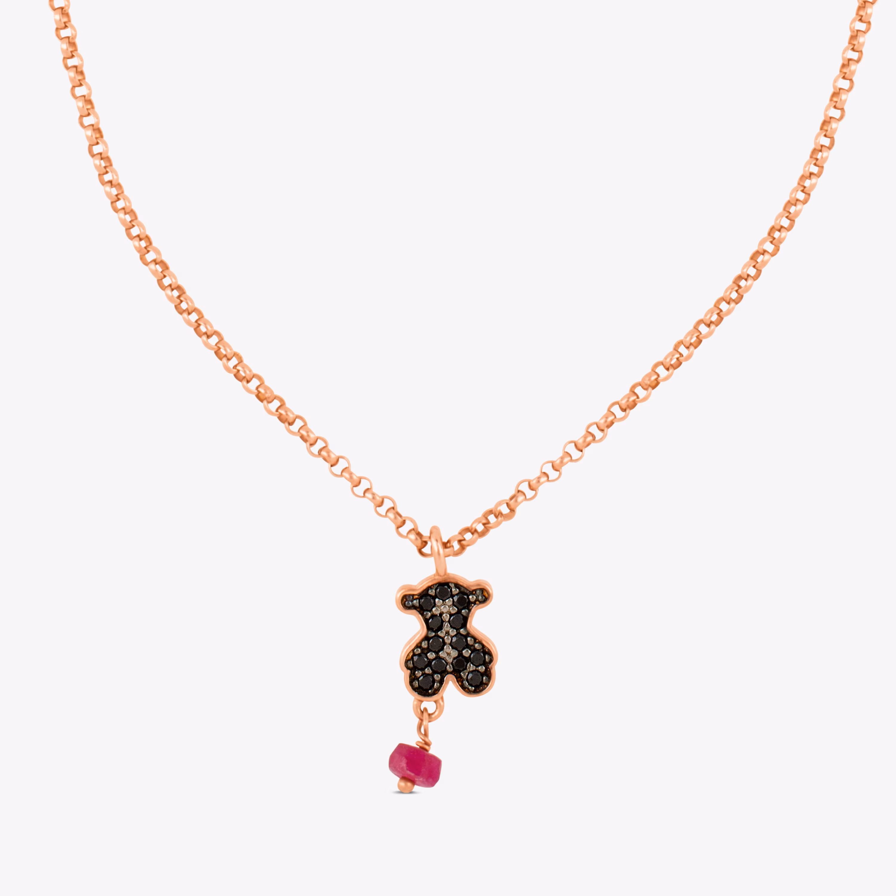 Collar con baño de oro rosa 18 kt sobre plata, espinela y rubí tratado motivo oso Motif