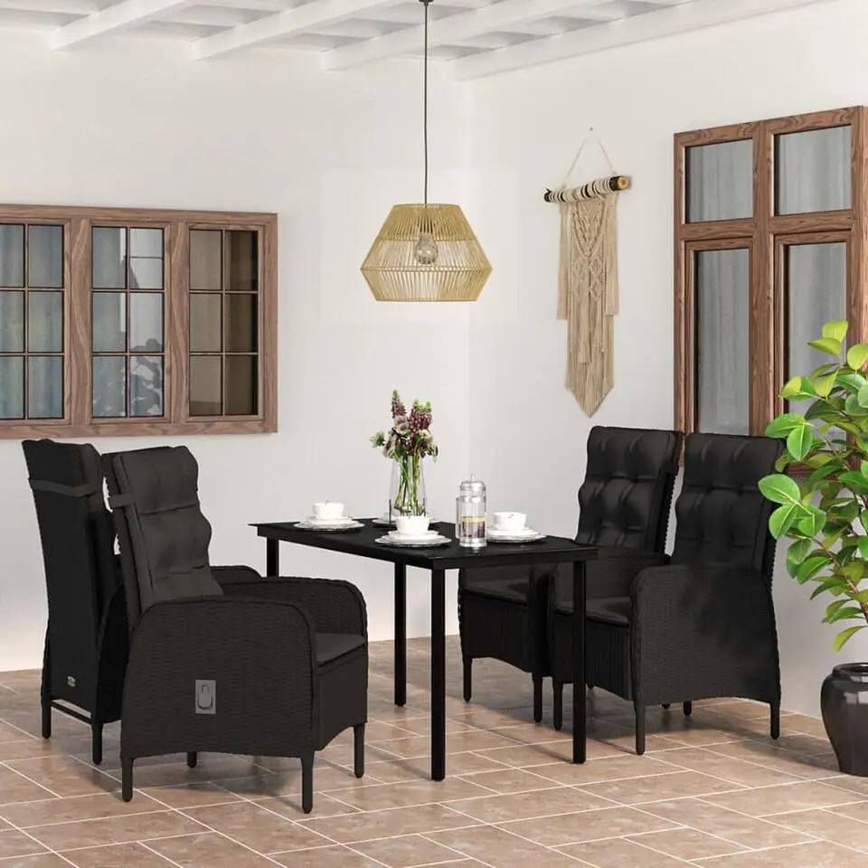 vidaXL - 5-delige Tuinset met kussens - Zwart PE rattan en glas - 140x70 cm