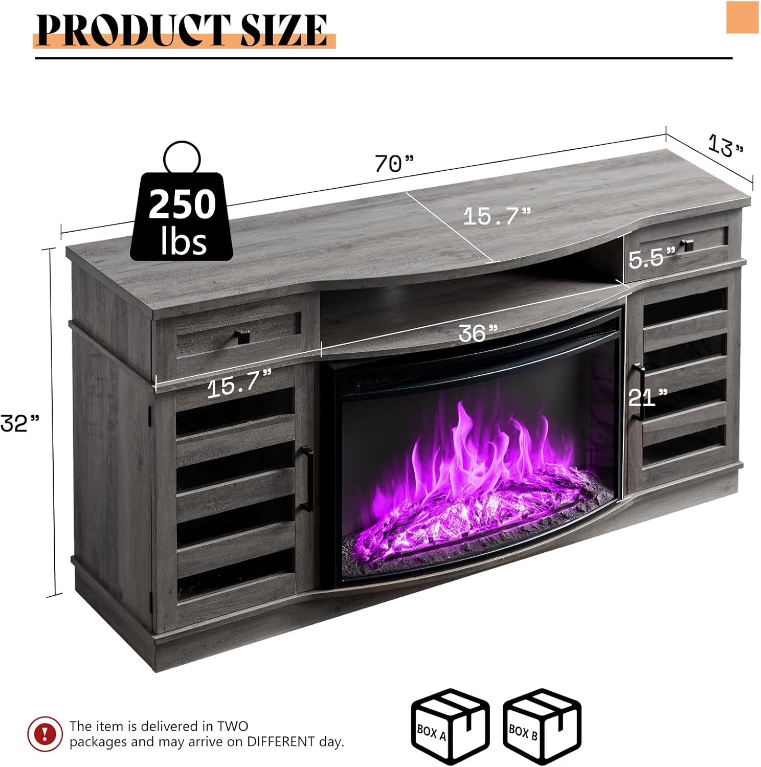AMERLIFE 70 Farmhouse Fireplace TV Stand with 36'' Curved Electric Fireplace, LED Media Console with 2 Drawers & Adjustable Shelves, Fits 80'' TVs, Wash Gray