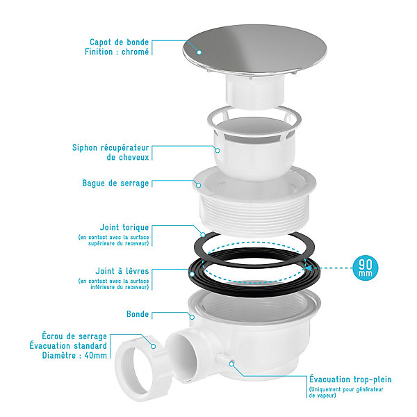 Bonde pour receveur de douche Pure 2/Pedra, capot chrome, Galedo