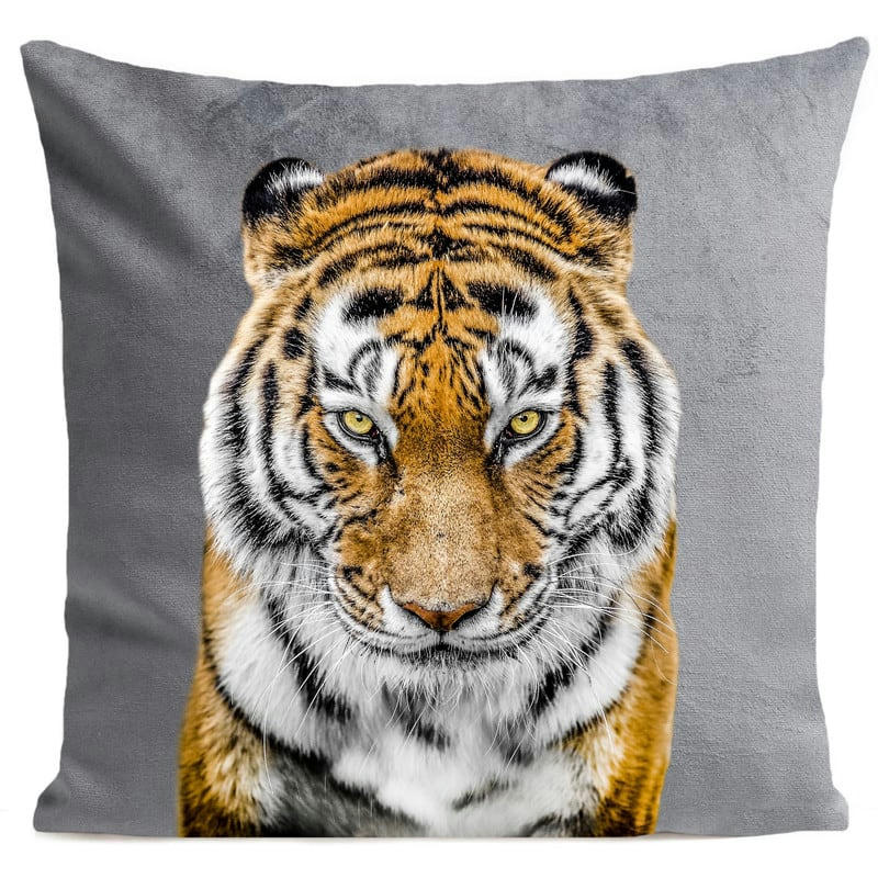 - Coussin tropical tigre velours gris clair 40x40cm