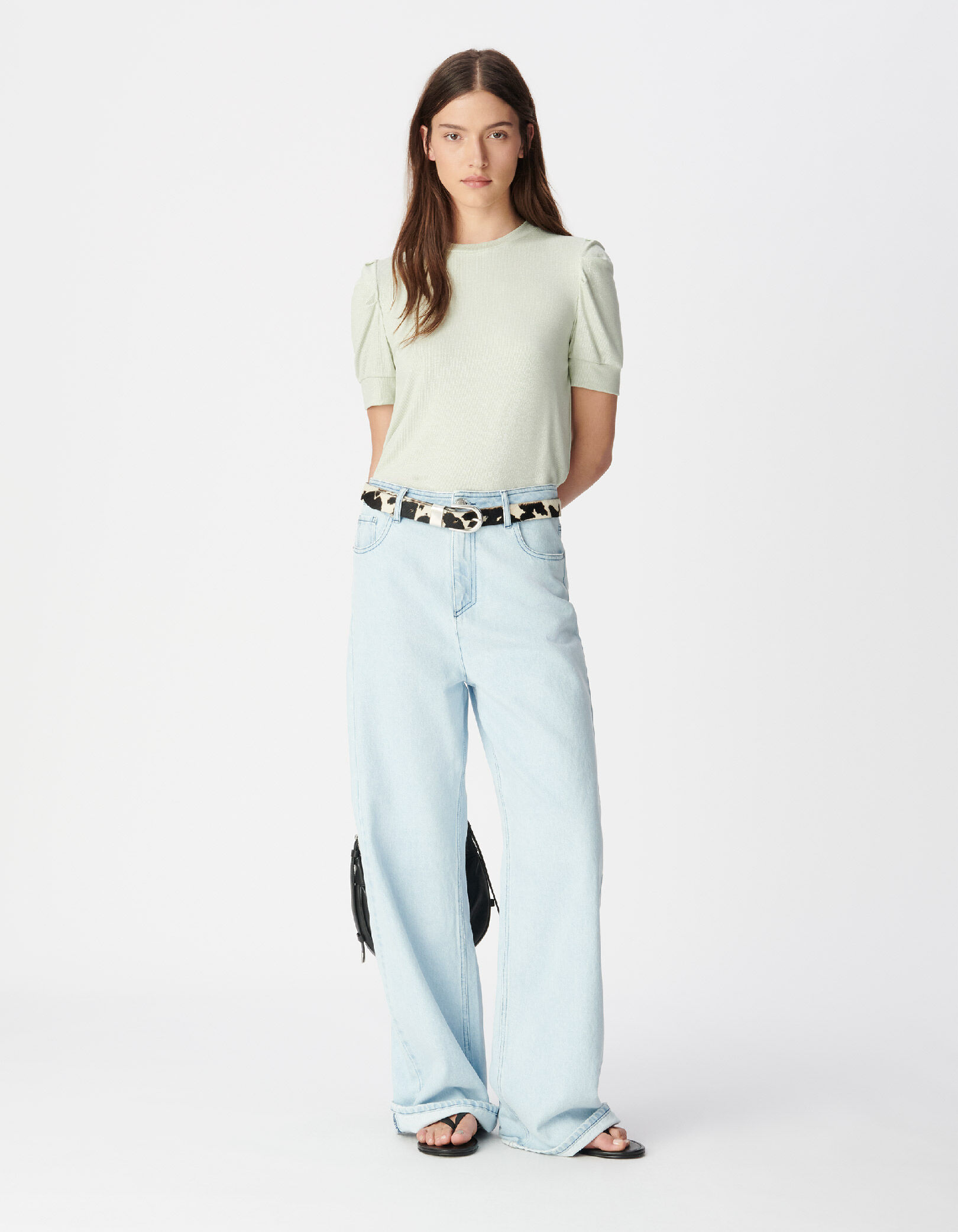 Tee-shirt col rond vert pailleté manches froncées Femme