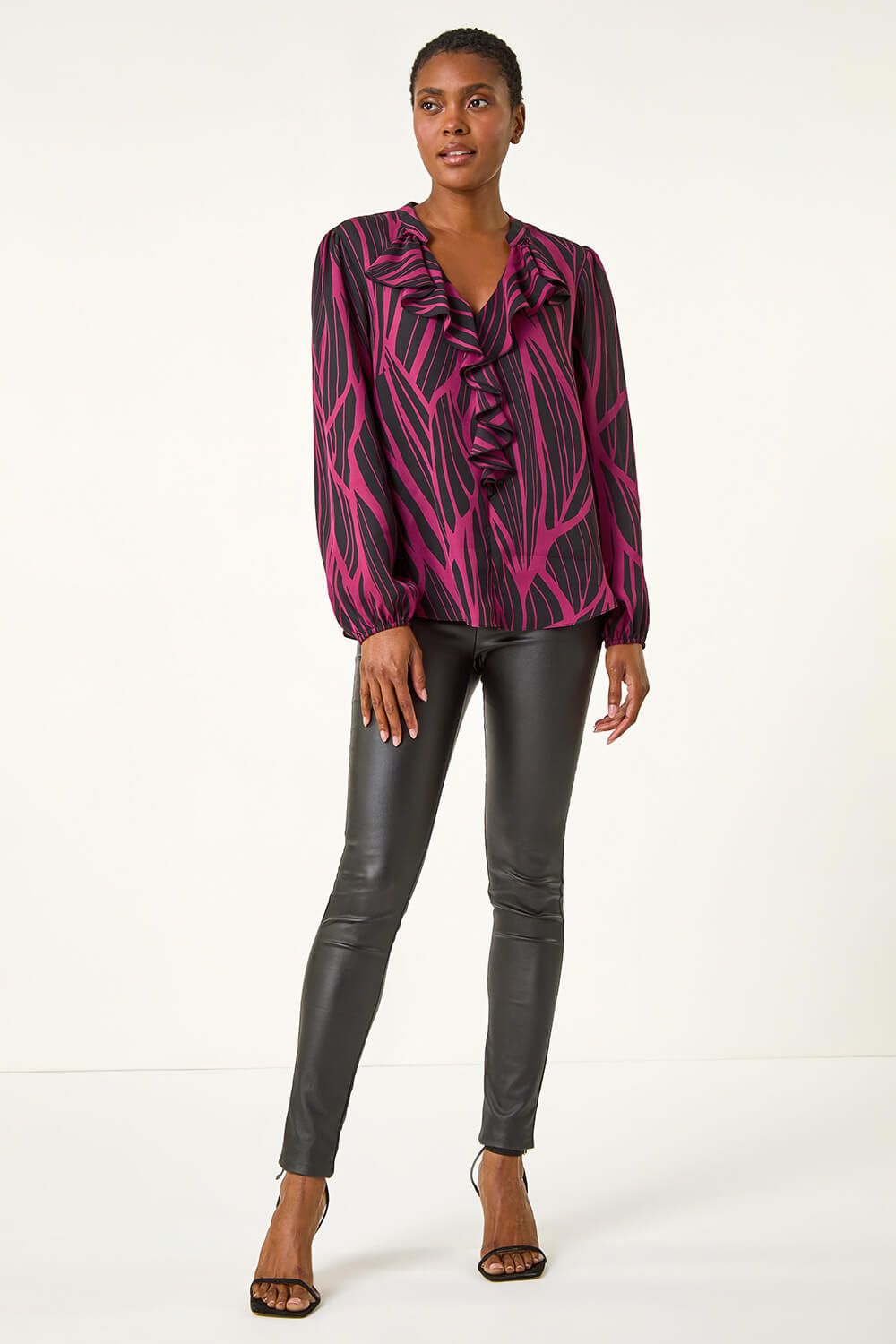 Roman Linear Print V-Neck Ruffle Front Top