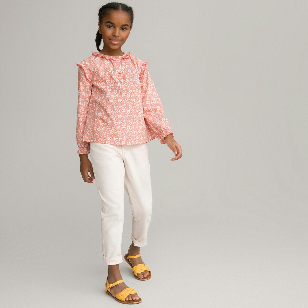 Blouse manches longues à volants, imprimé fleurs
